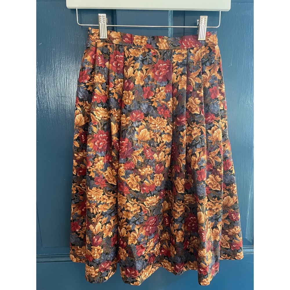 Vintage Floral Pleated Midi Skirt Burgundy Mustard Navy Tapestry Print